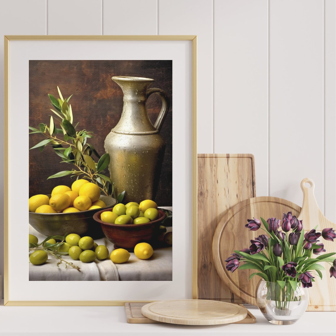 Vintage Metal Jug Lemons Olives Rustic Still Life Art Poster - Image 4