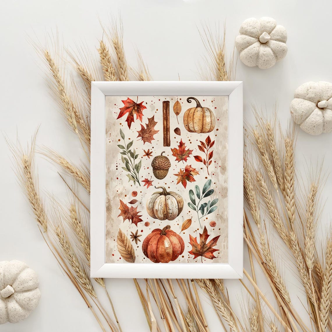 Autumn Leaves Pumpkins And Acorns Watercolour Fall Pattern Poster - Image 4