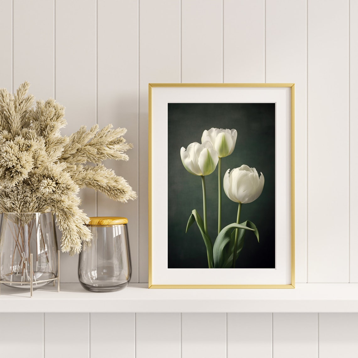 Three White Tulips Dark Background Elegant Floral Photography Poster - Image 4