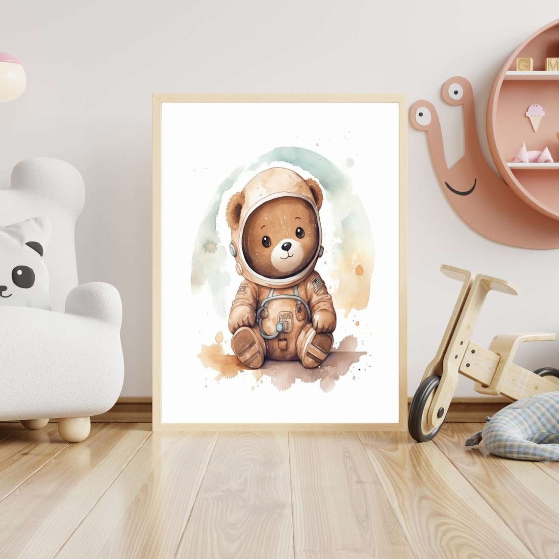 Cute Teddy Bear Astronaut Watercolor Space Nursery Art Poster - Image 4