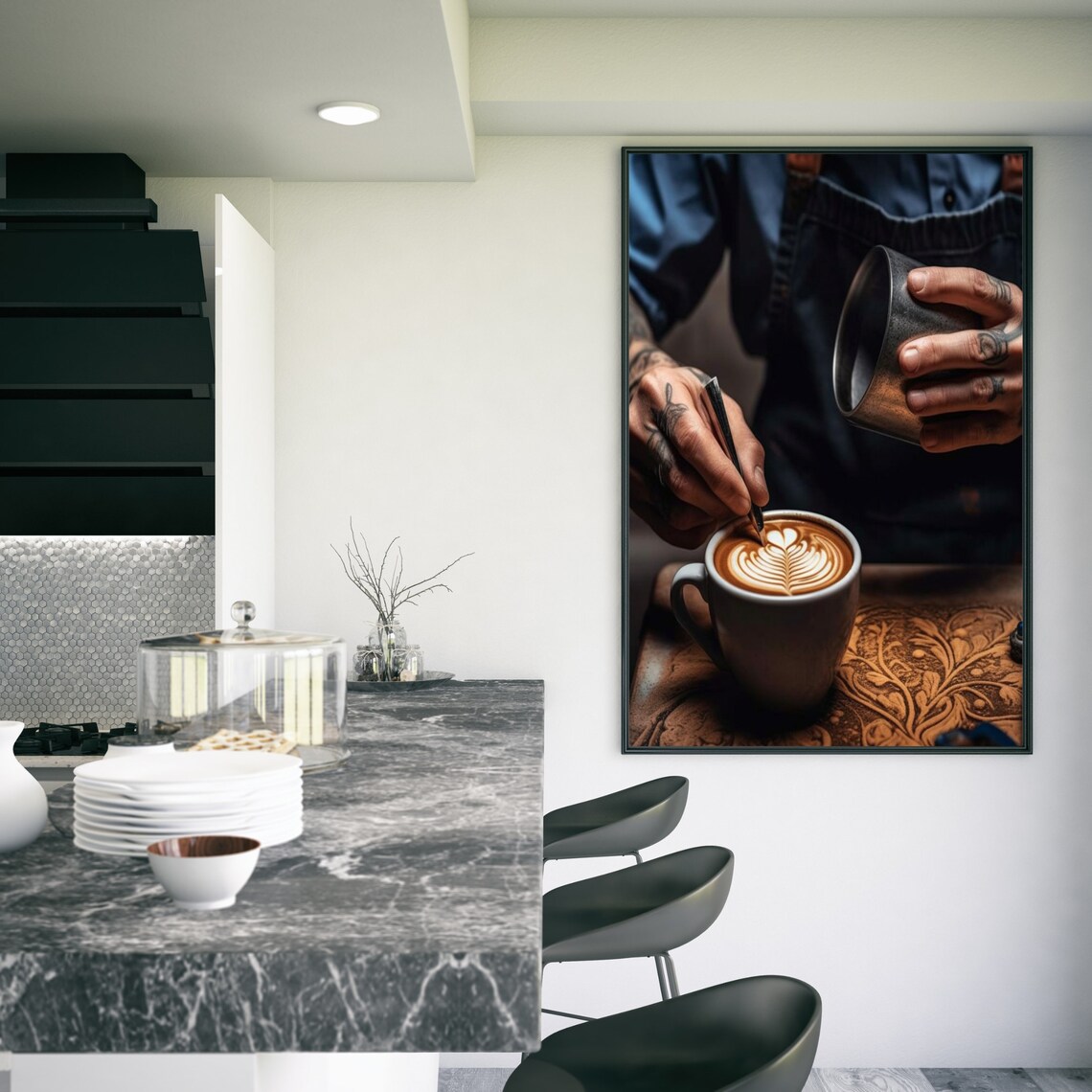 Barista Pouring Milk Rosetta Latte Art Moody Cafe Hands Poster - Image 3