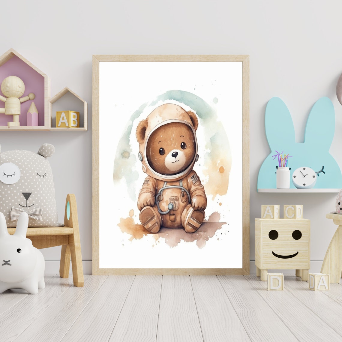 Cute Teddy Bear Astronaut Watercolor Space Nursery Art Poster - Image 3