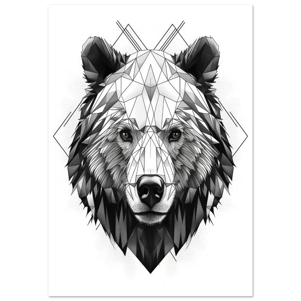 Black And White Geometric Bear Head Low Poly Wildlife Poster - Image 2