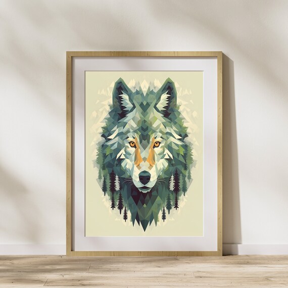 Modern Geometric Green Wolf Head Low Poly Forest Wildlife Poster
