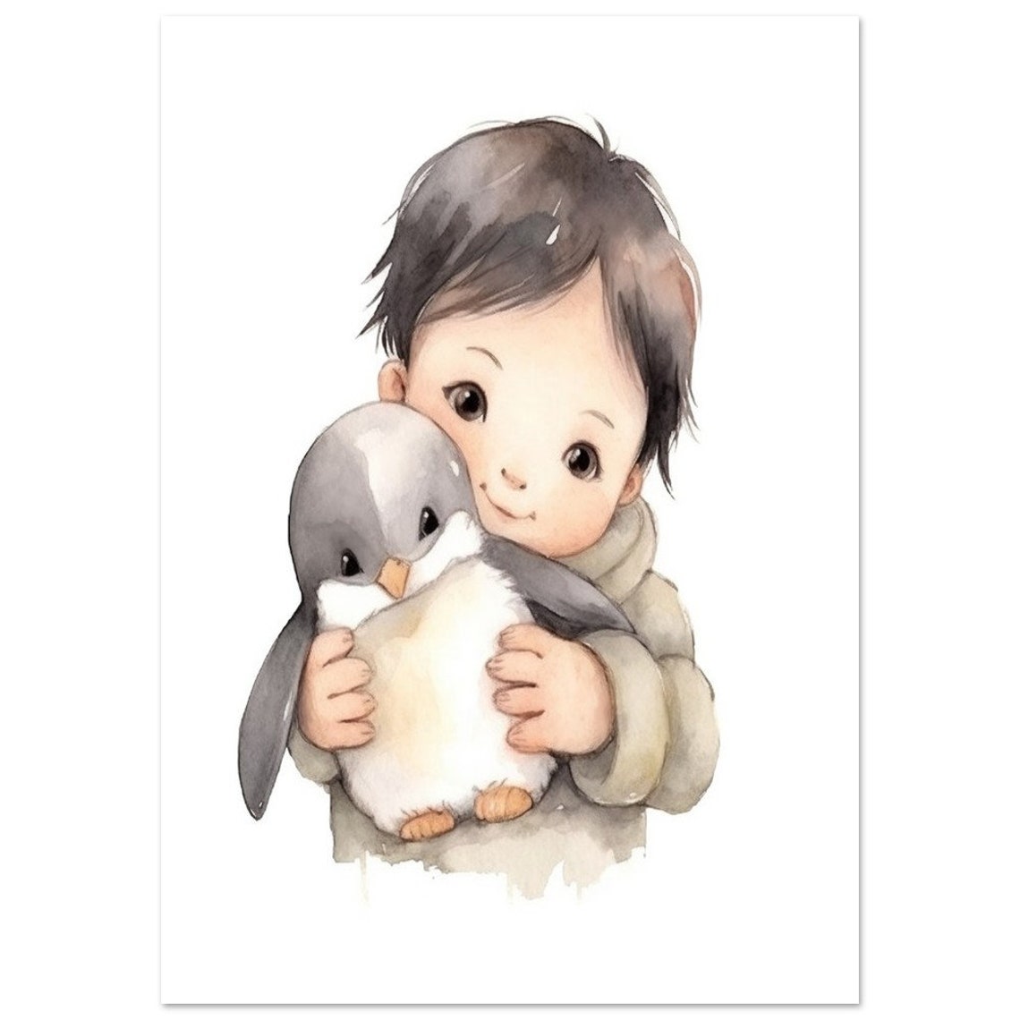 Sweet Child Hugging Baby Penguin Watercolor Nursery Art Poster - Image 2