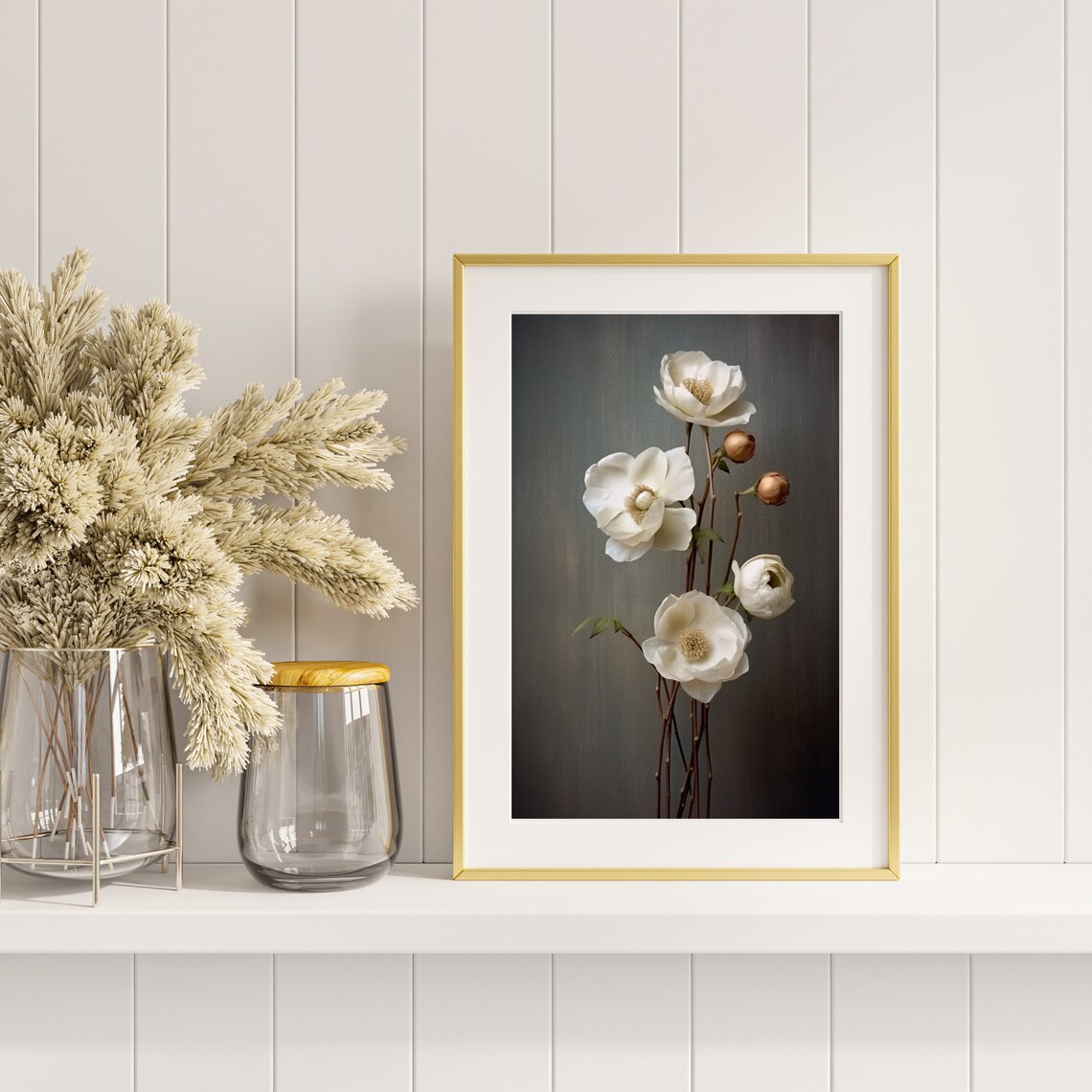 Elegant White Flowers on Dark Background Moody Floral Art Poster - Image 4