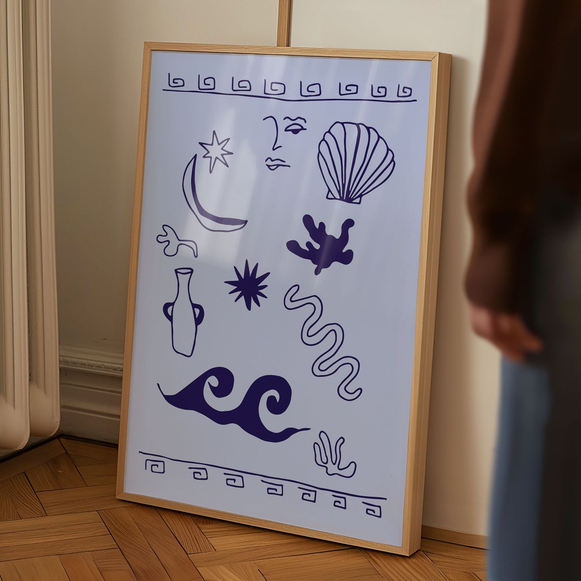 Greek Coastal Icons Navy Sea Line Art Blue Shell Moon Poster - Image 5