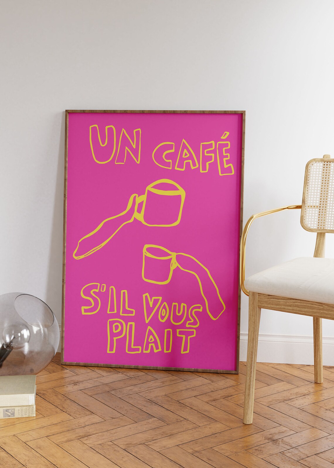 Un Cafe Sil Vous Plait Hot Pink Yellow French Coffee Wall Poster