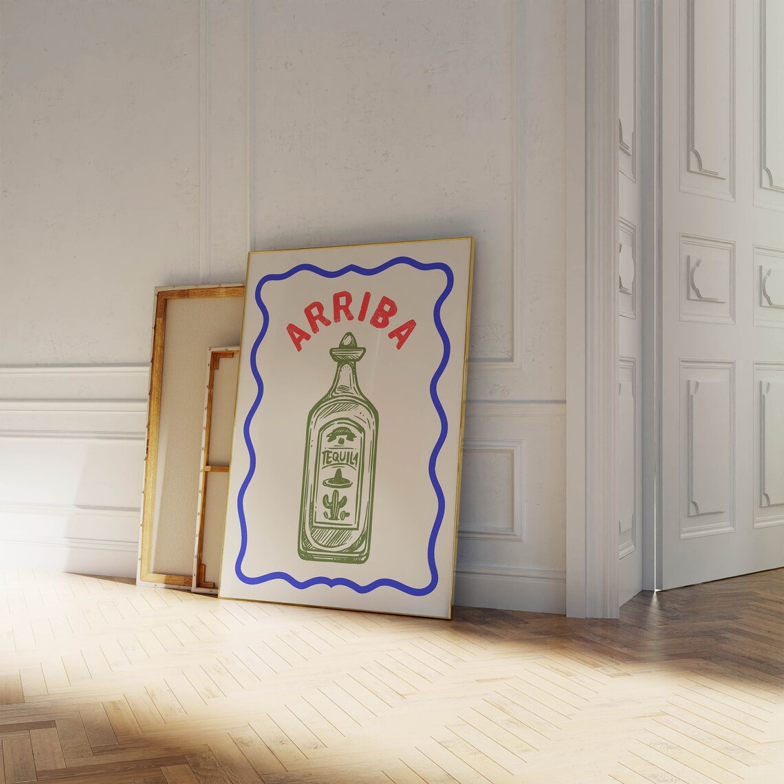 Arriba Tequila Bottle Green Sketch Blue Border Fiesta Bar Poster - Image 2