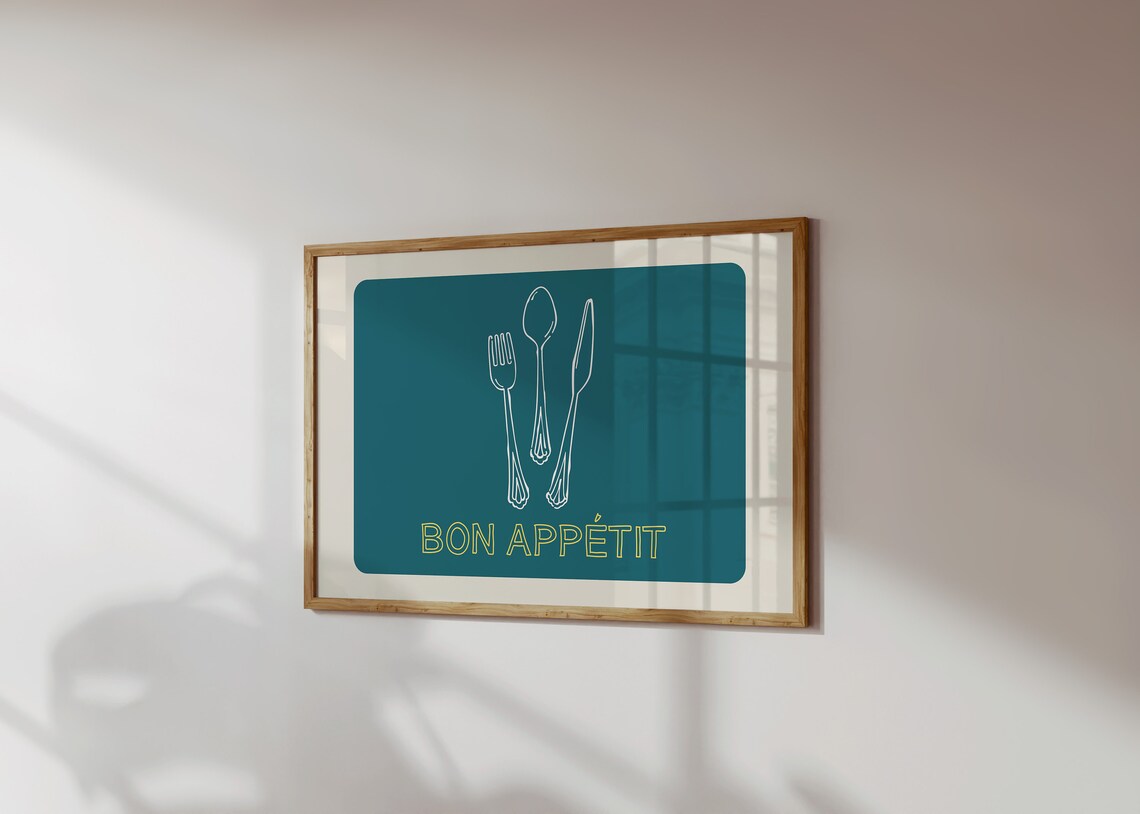 Bon Appetit Teal Utensils Line Art French Kitchen Dinner Poster - Image 5