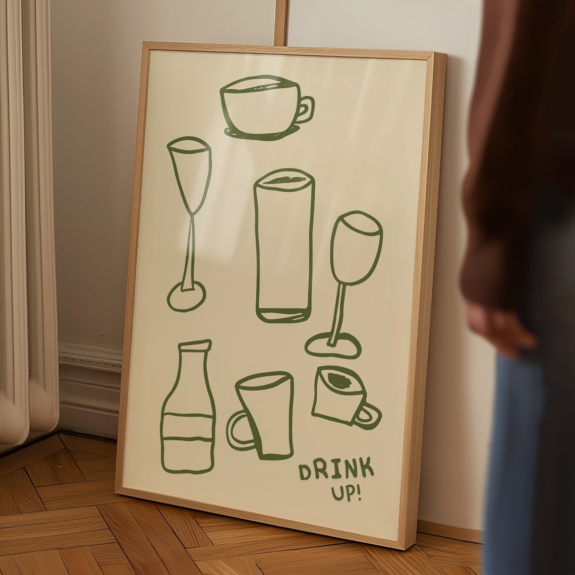 Cream Green Line Art Drink Glasses Drink Up Minimal Bar Poster - Image 5