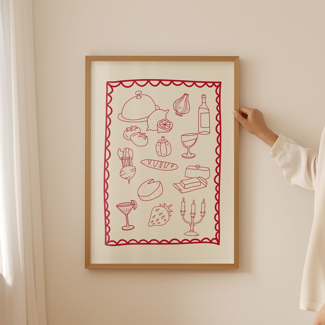 Dinner Party Red Line Art Food Collage Scalloped Kitchen Poster - Image 2