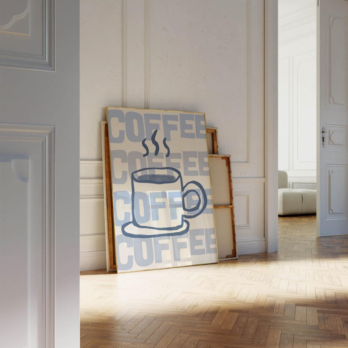 Coffee Repeat Typography Blue Steaming Mug Retro Kitchen Wall Poster - Image 3
