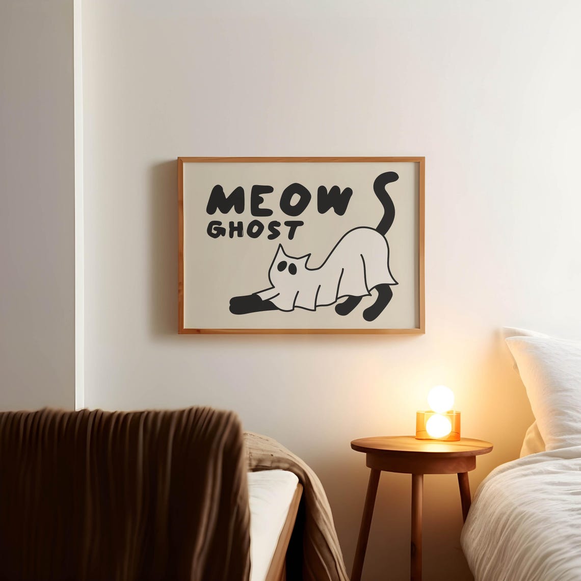 Meow Ghost Playful Stretching Ghost Cat Doodle Halloween Art Poster - Image 3