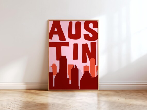 Austin Texas Pink Red Skyline Typography Poster Minimalist ATX Art
