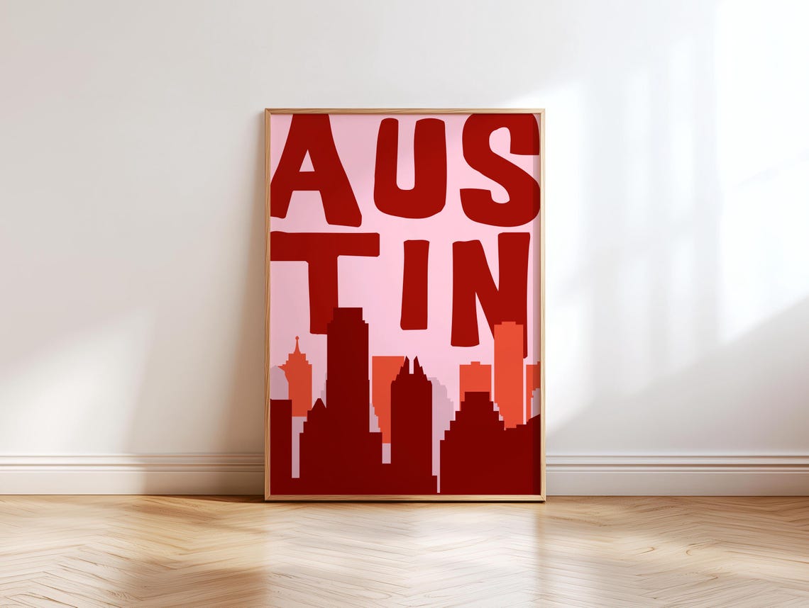 Austin Texas Pink Red Skyline Typography Poster Minimalist ATX Art