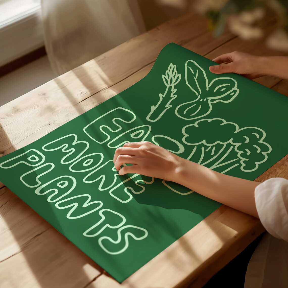 Eat More Plants Green Veggie Line Art Dark Green Kitchen Poster - Image 3