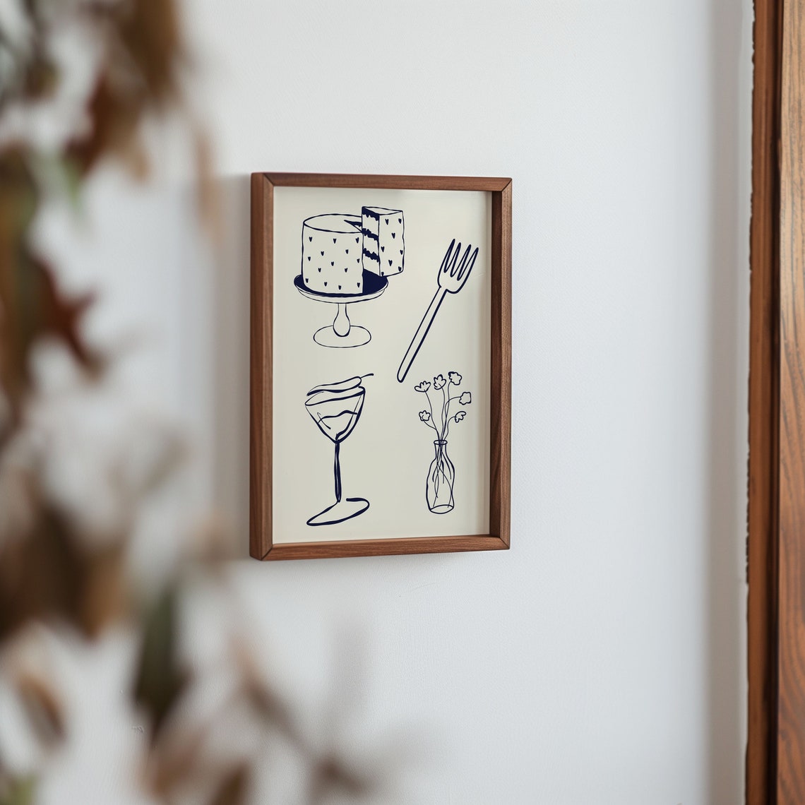 Navy Line Art Cake Fork Cocktail Glass Floral Chic Kitchen Wall Poster - Image 3