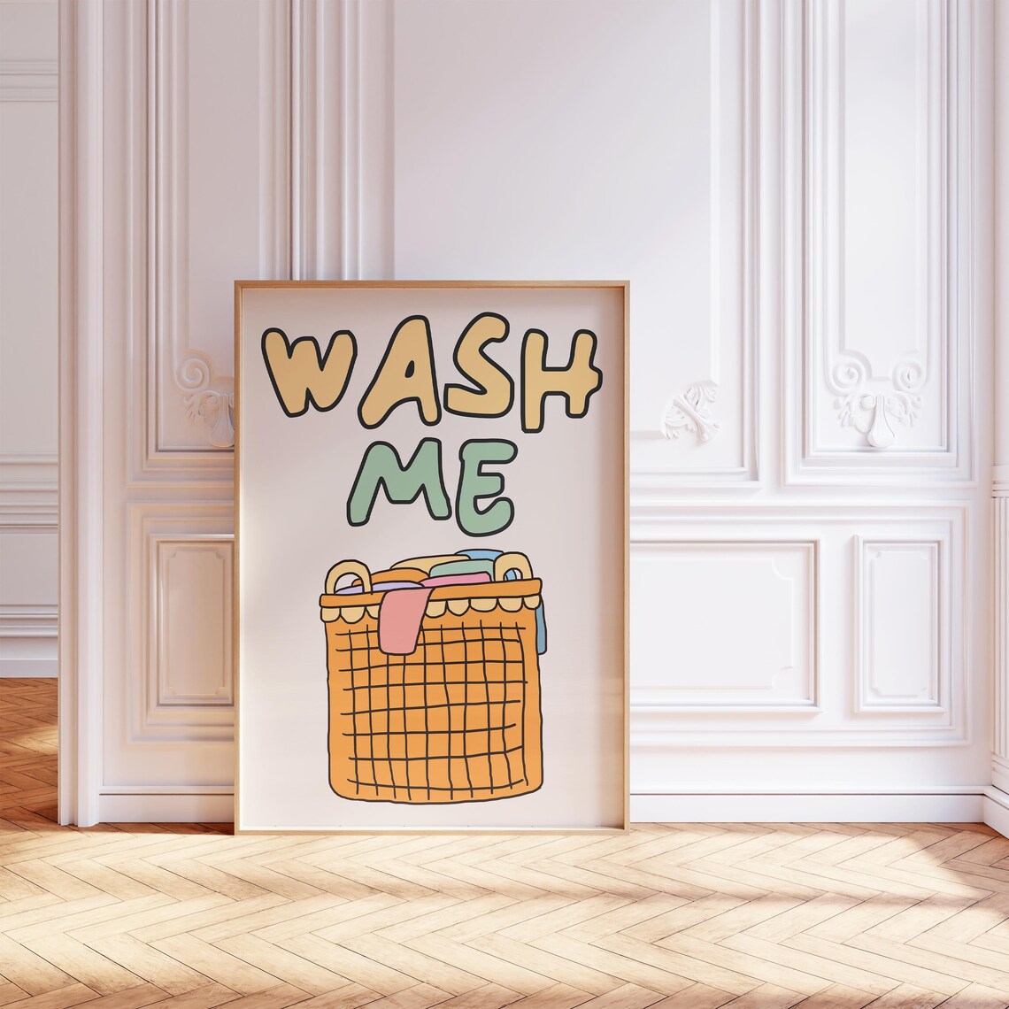 Wash Me Funny Laundry Room Poster Colorful Cartoon Basket Wall Decor - Image 2