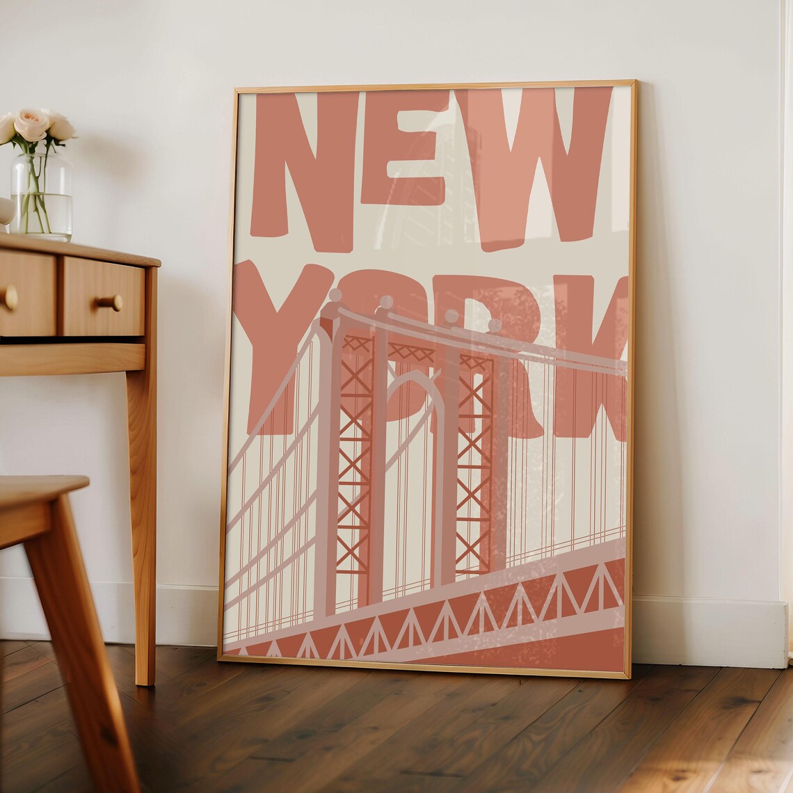 New York City Pink Bridge Retro Typography Minimalist Poster