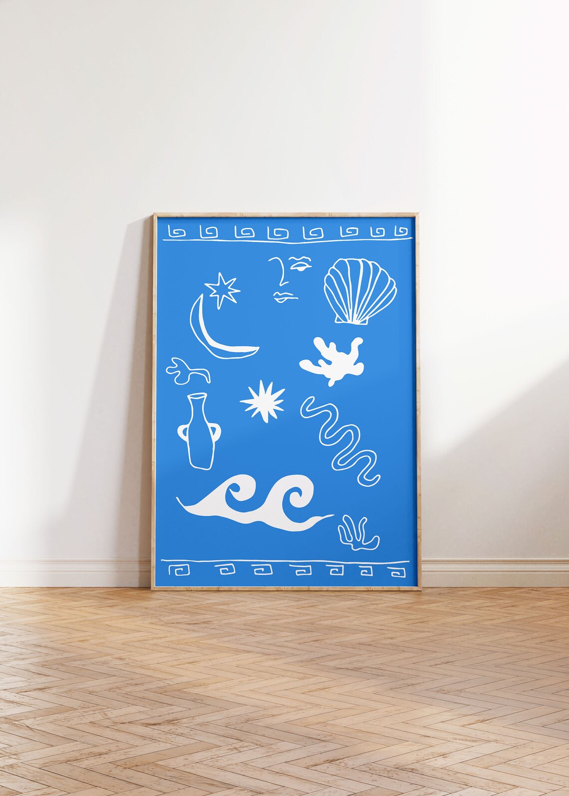 Greek Sea Motifs White On Cobalt Blue Coastal Mediterranean Art Poster