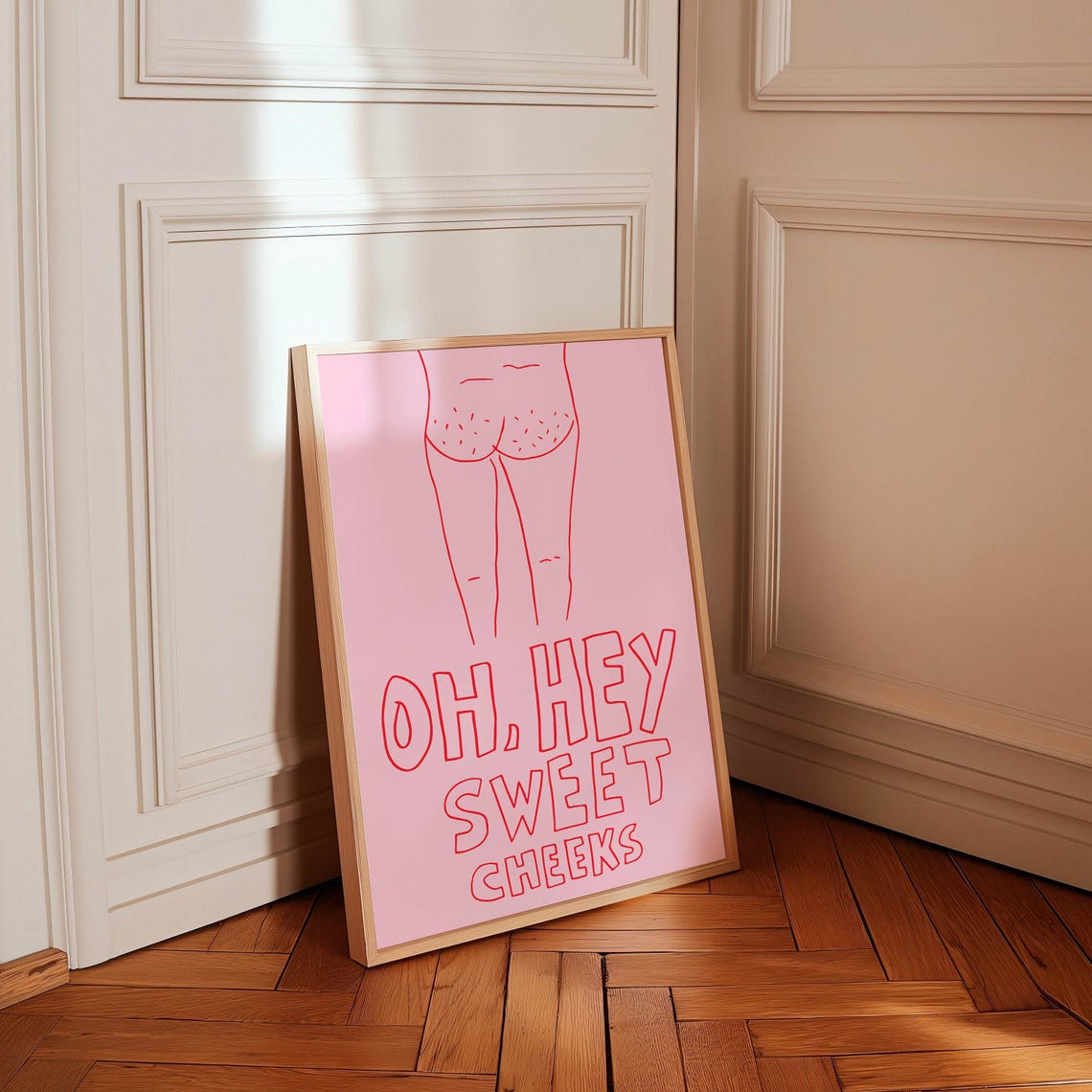 Oh Hey Sweet Cheeks Pink Cheeky Bathroom Line Art Funny Quote Poster - Image 2