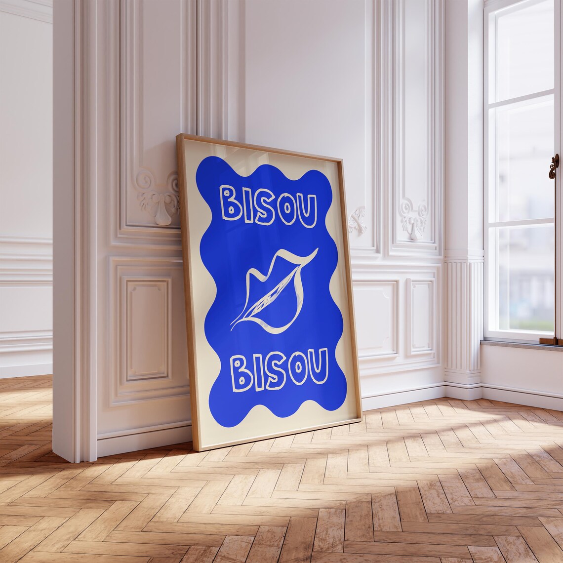 Cute Bisou French Kiss Lip Blue Wavy Border Retro Quote Print - Image 3