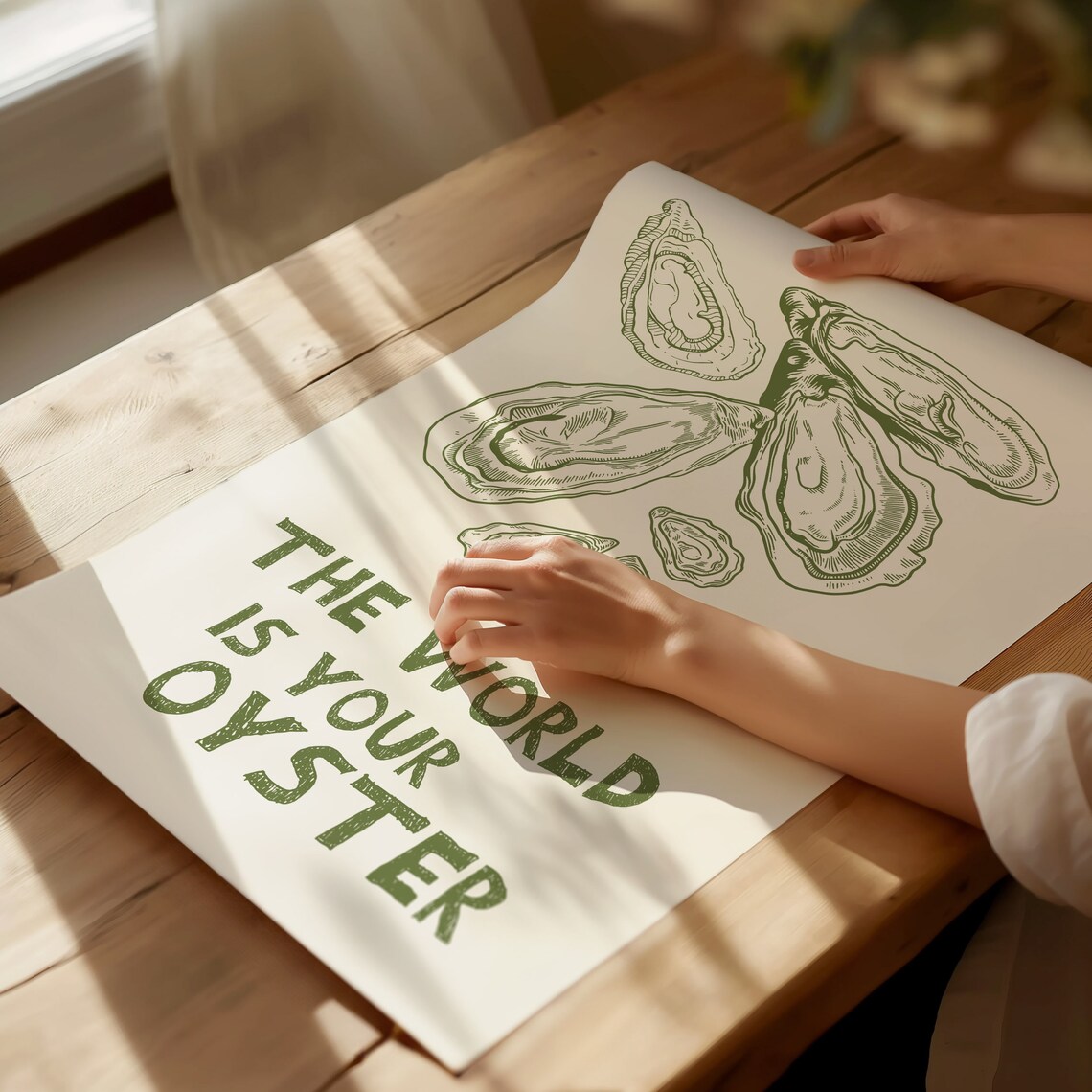 The World Is Your Oyster Olive Green Shell Drawing Quote Poster - Image 2