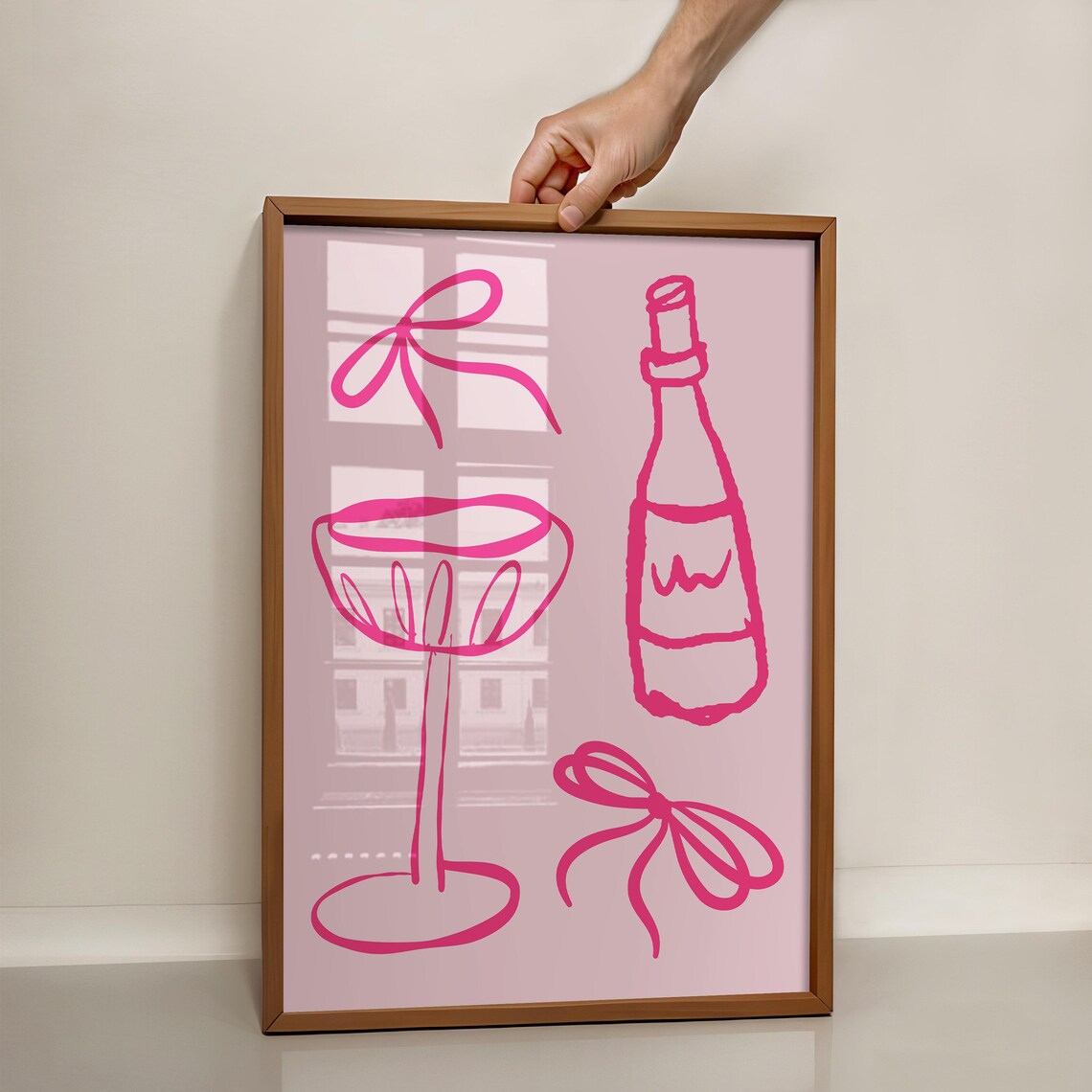 Pink Coquette Bar Cart Poster Wine Bottle Coupe Glass Bow Line Art - Image 3