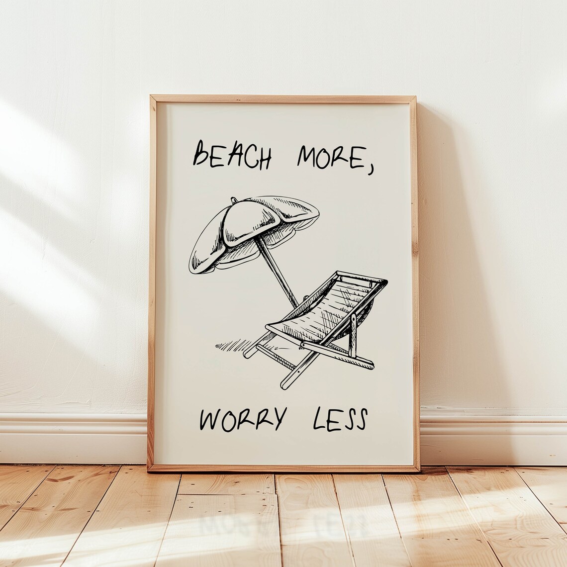 Beach More Worry Less Black Ink Sketch Umbrella Lounge Chair Poster - Image 5