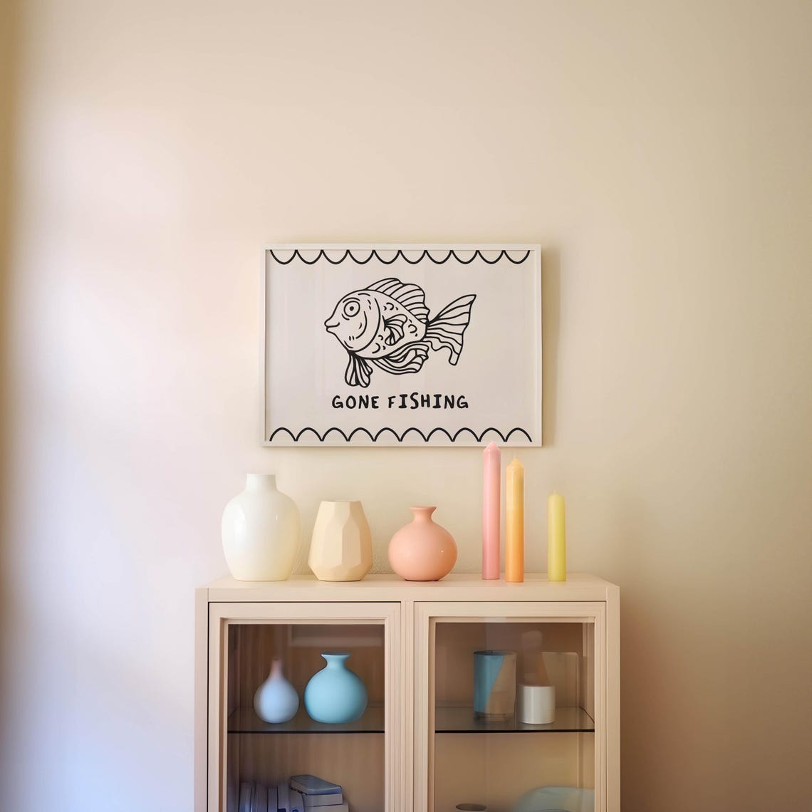 Gone Fishing Cute Fish Doodle Retro Kitchen Beach Wall Poster - Image 3