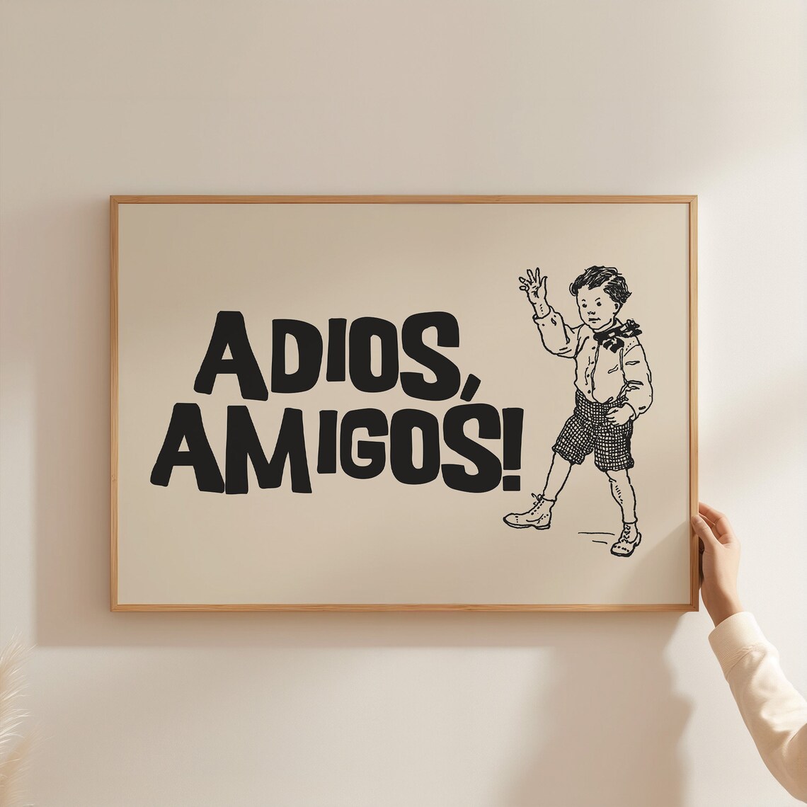 Adios Amigos Black Farewell Poster with Vintage Waving Boy Sketch Art