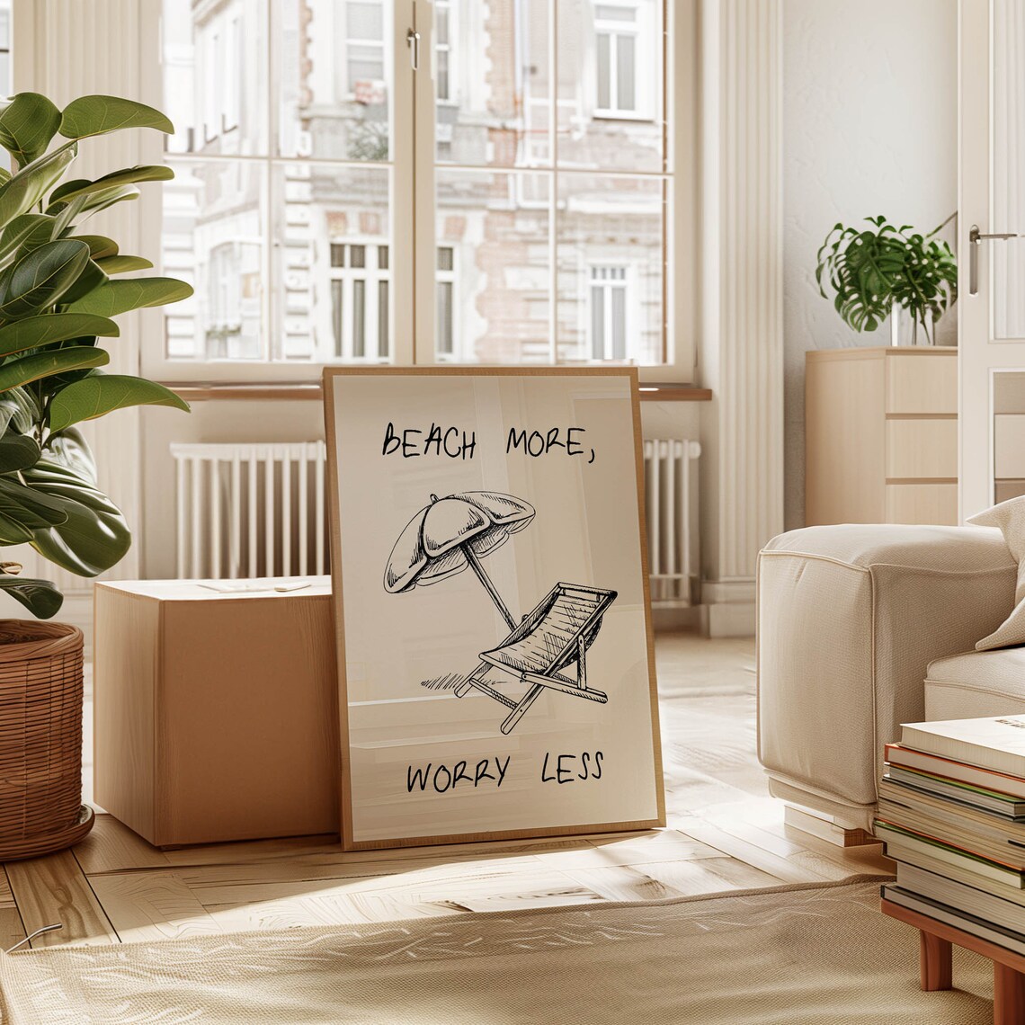 Beach More Worry Less Black Ink Sketch Umbrella Lounge Chair Poster - Image 4