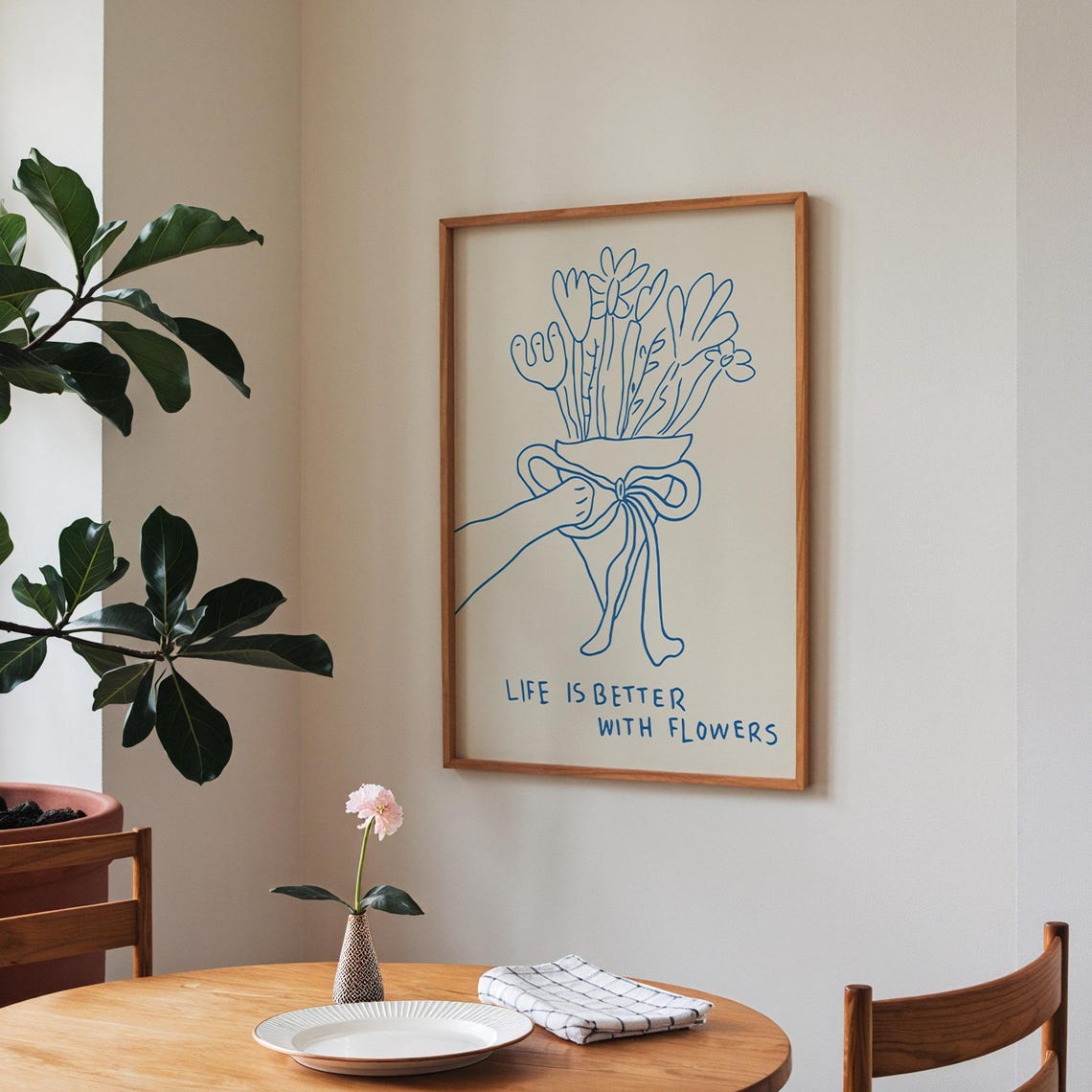 Life Is Better With Flowers Print Trendy Flower Poster Cute Quote Print Aesthetic Living Room Art Vintage Floral Wall Art Art Blue - Image 2