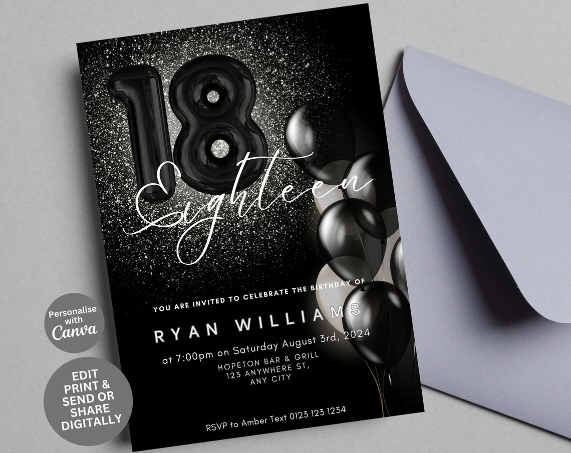 18th Birthday Editable Unisex Party Invitation