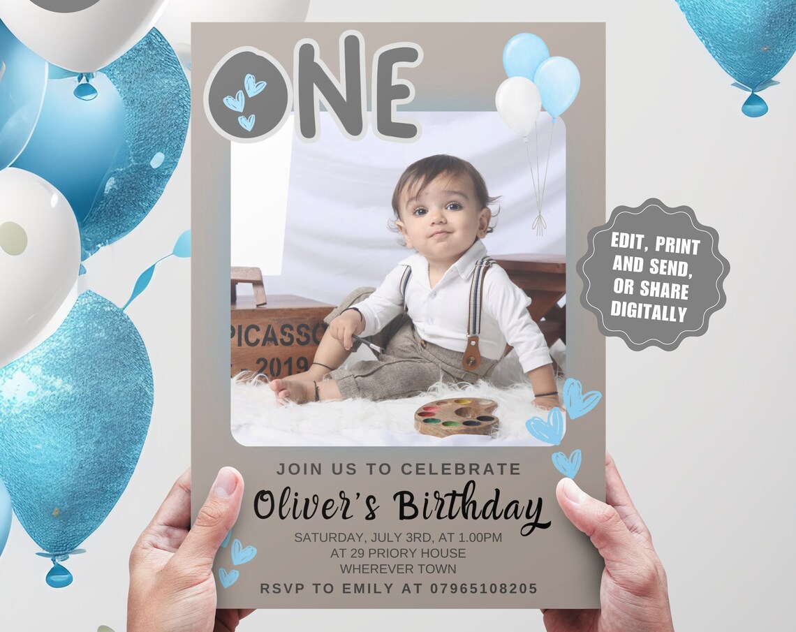 Editable First Birthday Invitation Card Photo Blue Balloon Party Print