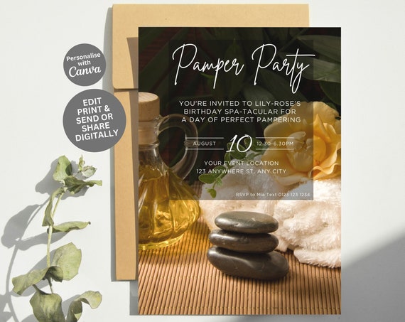Pamper Party Invitation Editable Spa Template Any Age Birthday Makeup Glamour Girls Teen Beauty Party Canva Template