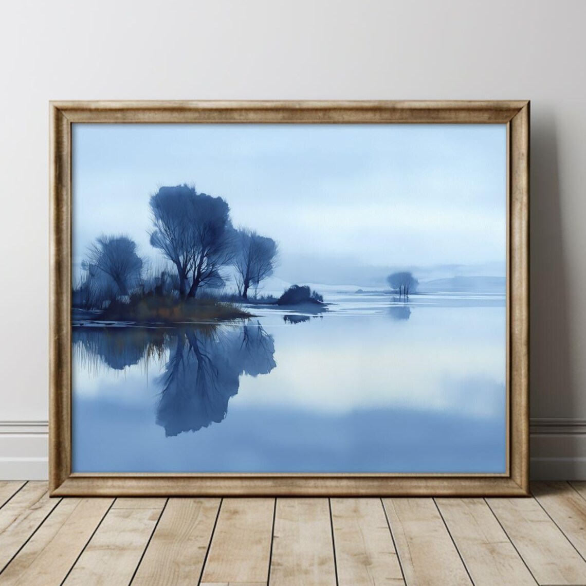 Misty Winter Lake Sunrise Blue Watercolor Landscape Serene Wall Print