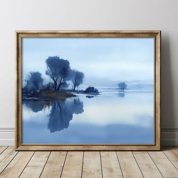 Winter Lake With Misty Sunrise Watercolor Art Serene Blue Landscape Rustic Tranquil