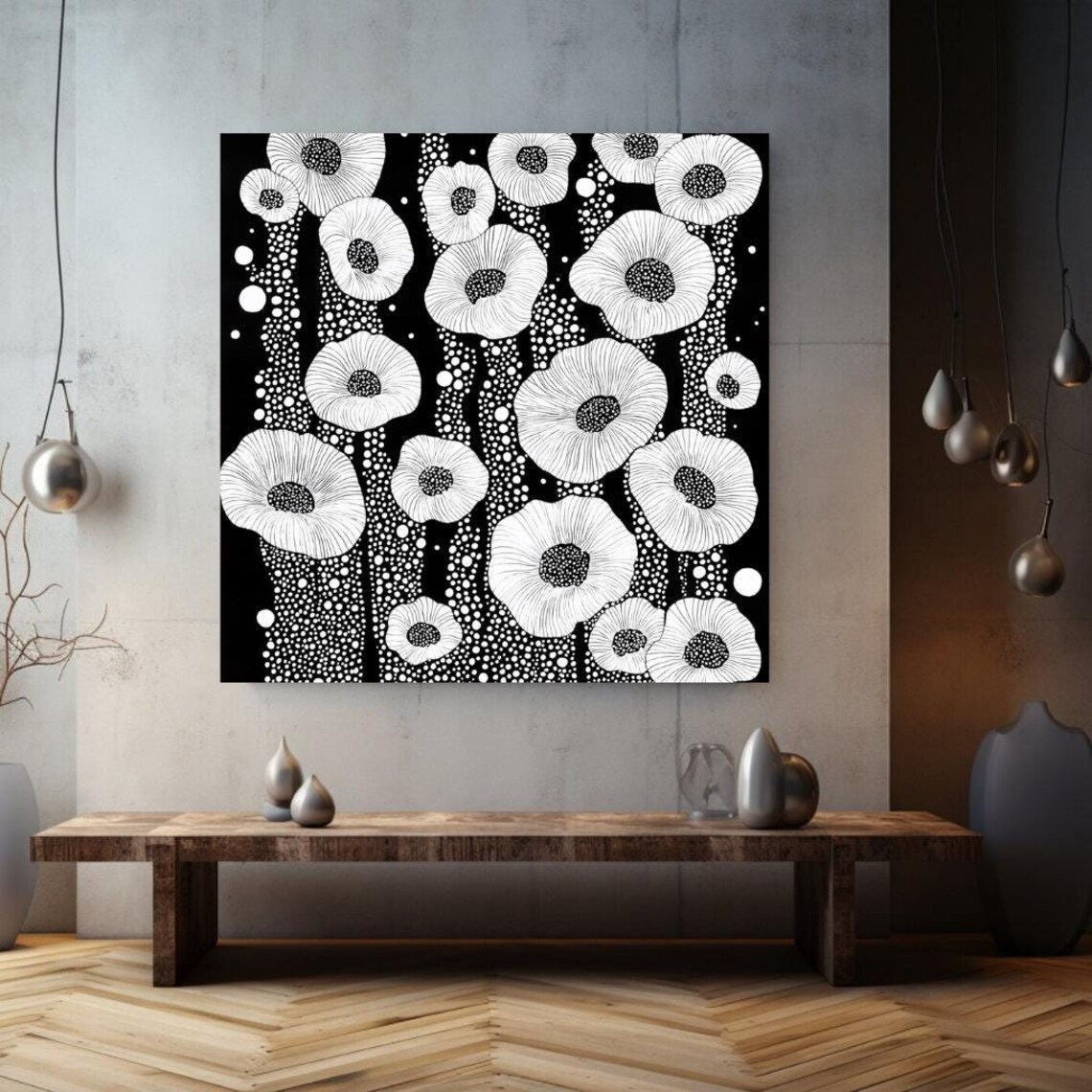 Black And White Poppy Dots Floral Modern Monochrome Wall Art Poster