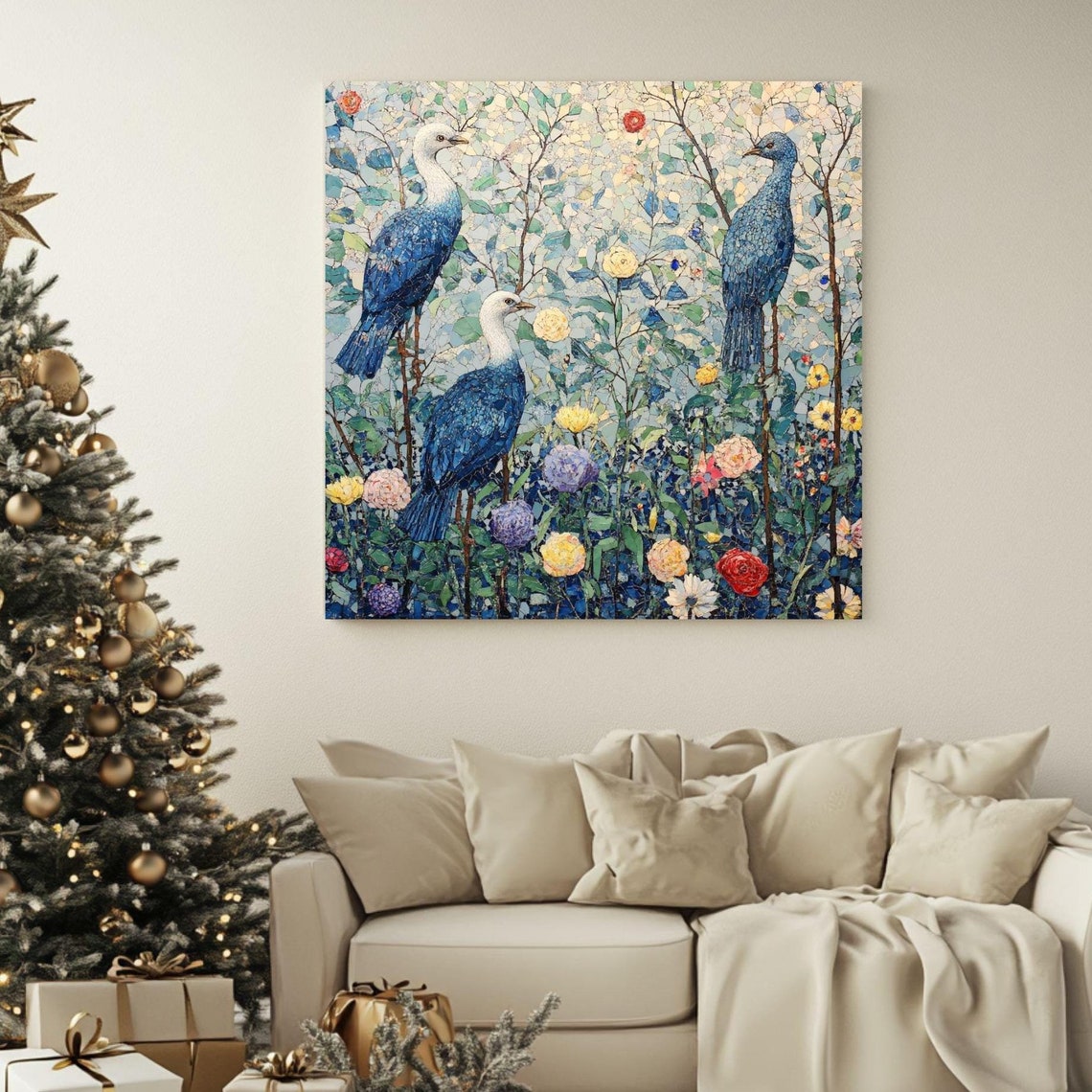 Blue Birds Mosaic Blooming Branches Vintage Nature Textured Wall Art