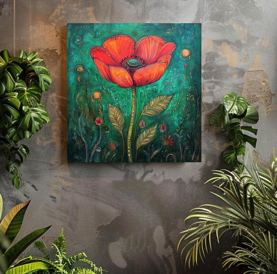 Red Poppies Art Red Poppy Wall Art Flower Painting Folk Art Print Poppy Wall Art Poppy Print Botanical Wall Art
