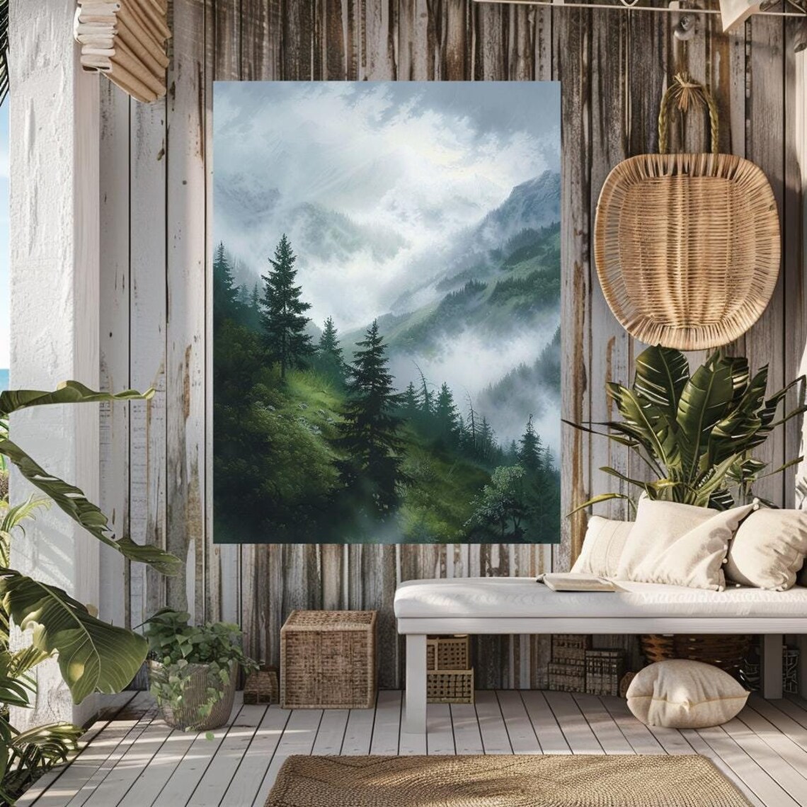 Foggy Misty Mountain Valley Evergreen Forest Serene Landscape Poster