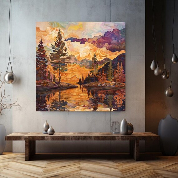 Lake House Stained Glass Style Landscape Wall Art Majestic Mountains Artwork Dreamy Mountain Serene Captivating Decor
