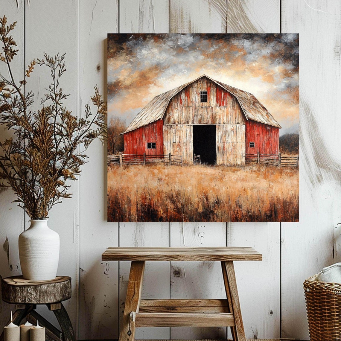 Rustic Red Barn Weathered Wood Golden Autumn Field Dramatic Sky Poster
