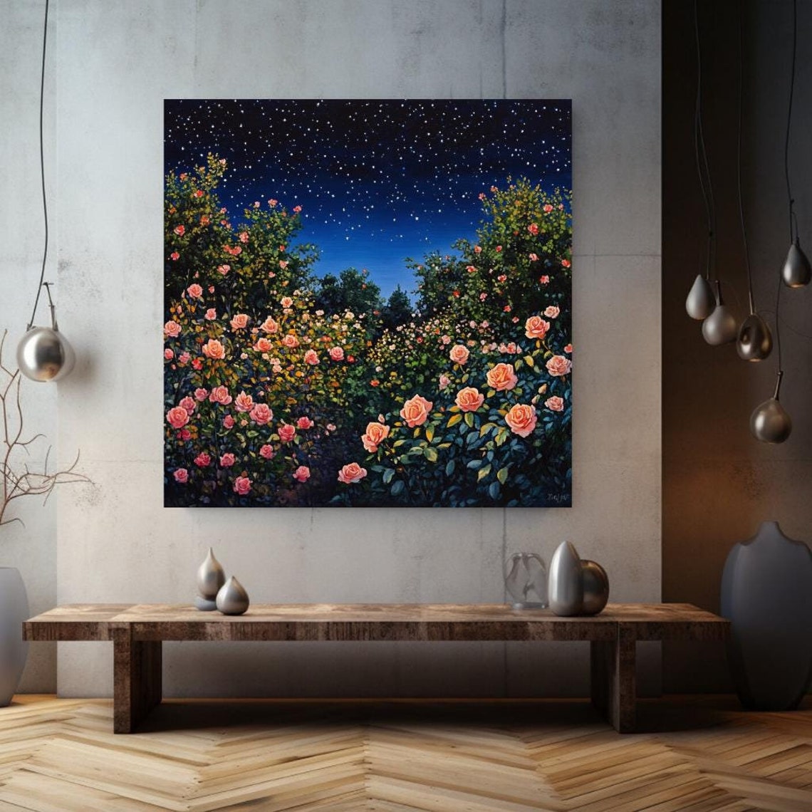 Mystical Rose Garden At Night Starry Sky Blooming Roses Wall Poster