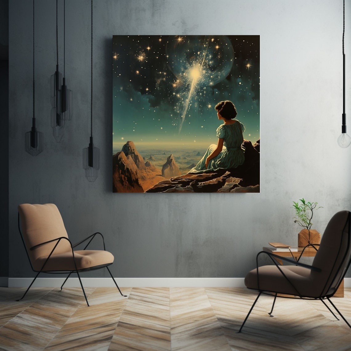 Ethereal Goddess Shooting Star Desert Cliff Celestial Night Art Print