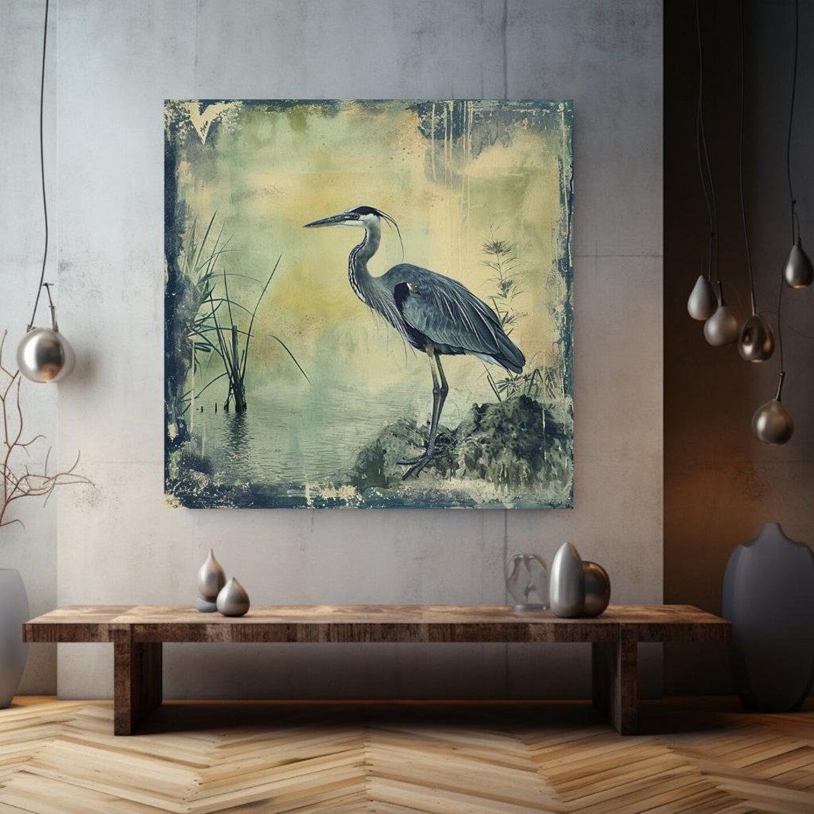 Vintage Blue Heron Marsh Water Bird Illustration Rustic Wall Art Print