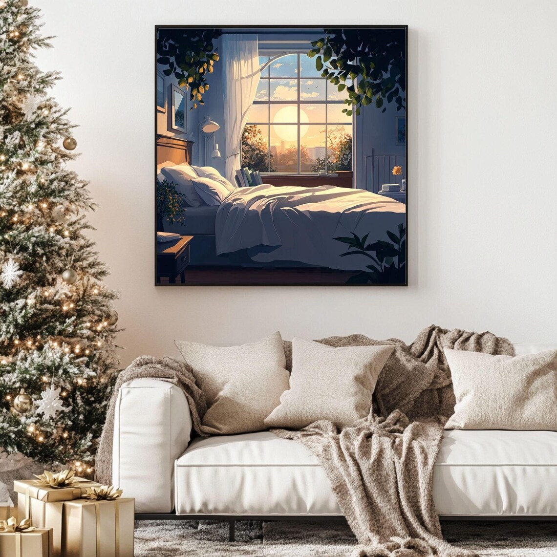 Cozy Morning Bedroom Sunrise Window City View Anime Art Poster