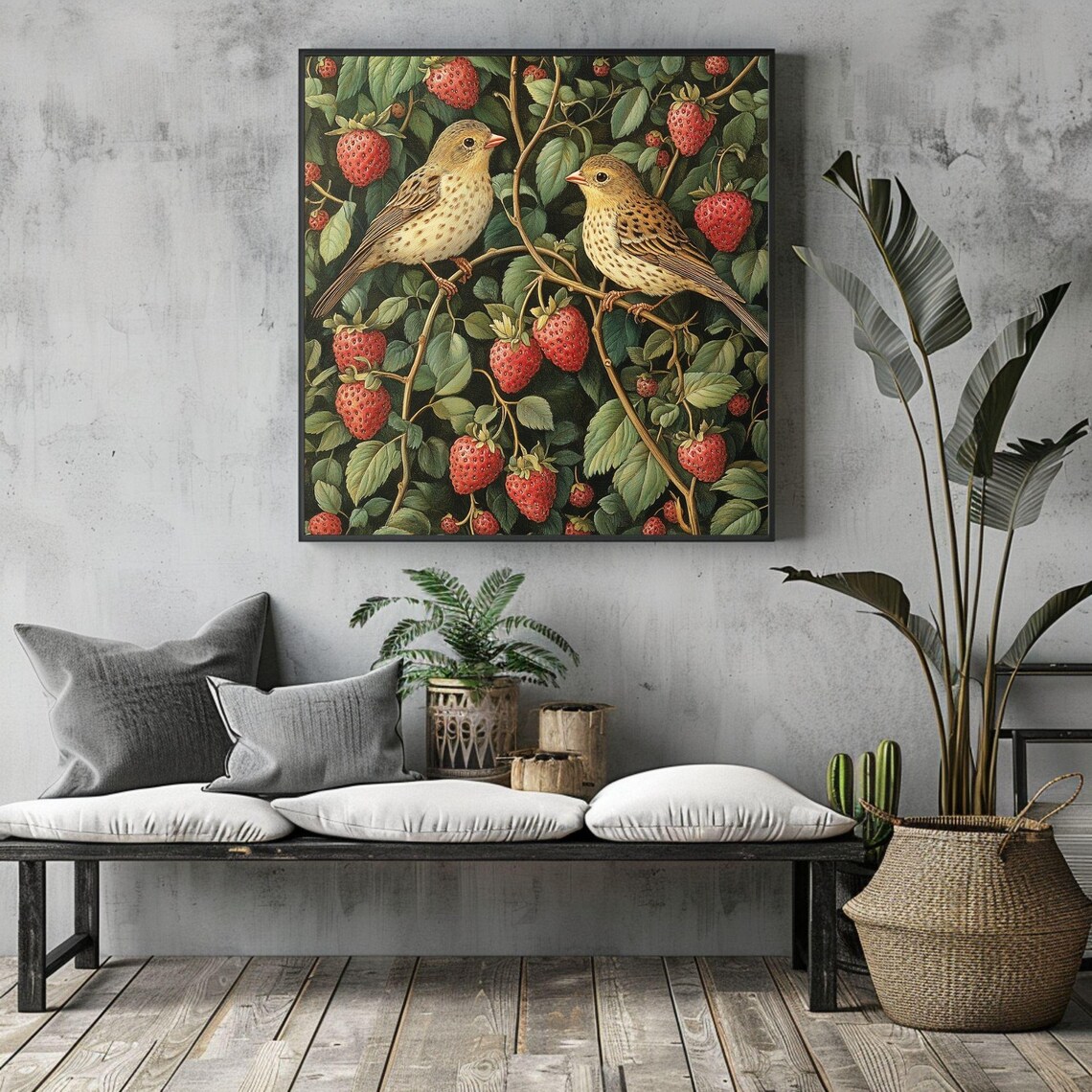Songbirds On Strawberry Vines William Morris Style Vintage Bird Poster